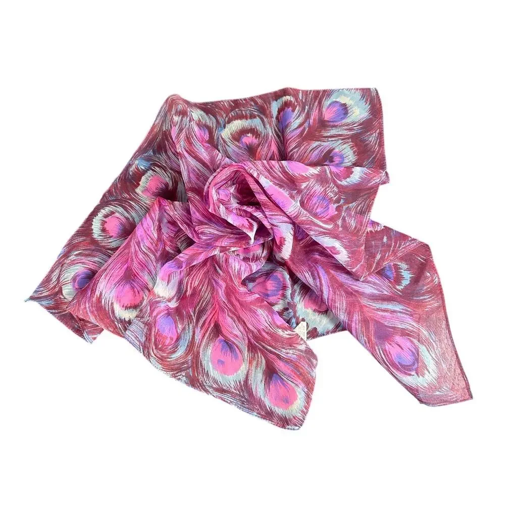 Vintage Scarf - Square- Nylon Vibrant Feather design- Purple blue pink- 27x27